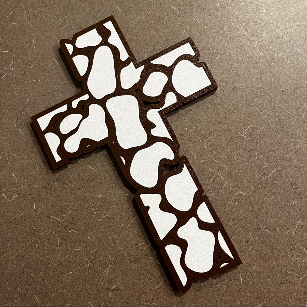 Rustic Farmhouse Brown and White Cow Pattern Decorative Cross